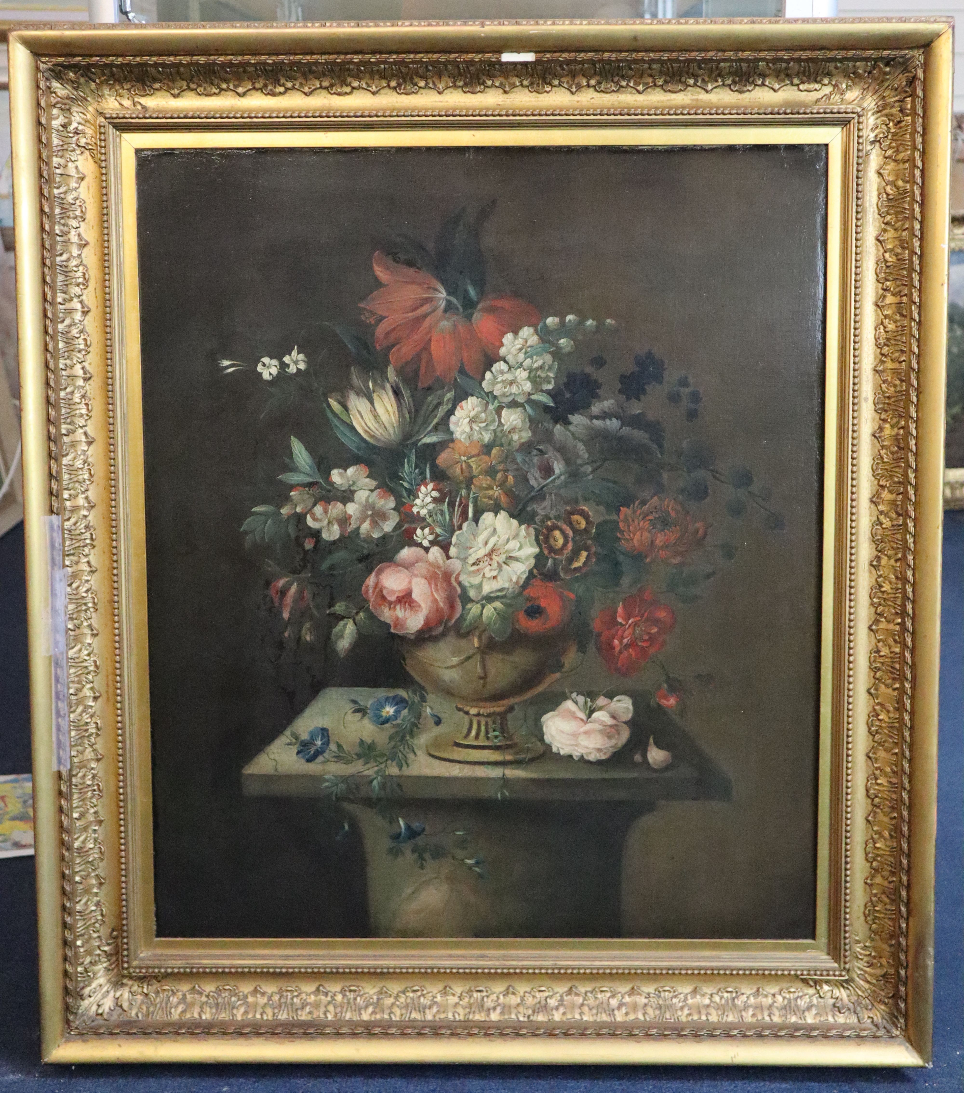 Dutch School (17th century) Still life of a flowers in an urn upon a pedestal 25.5 x 21.5in.